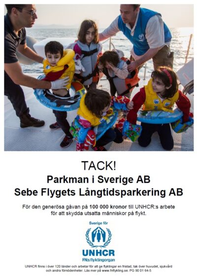 Parkman i Sverige AB donates SEK 100,000 to UNHCR